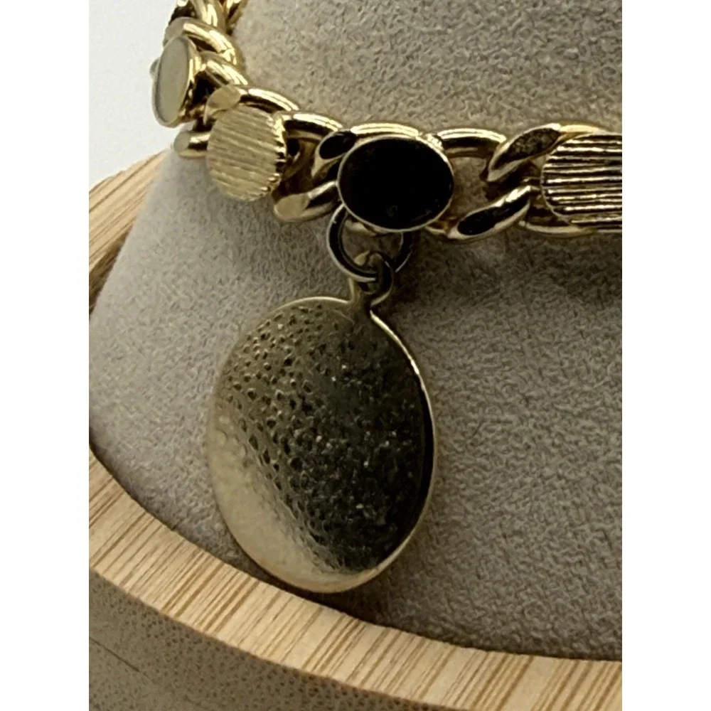 Vintage Gold Tone Link Bracelet Disc Round Dangle Engravable